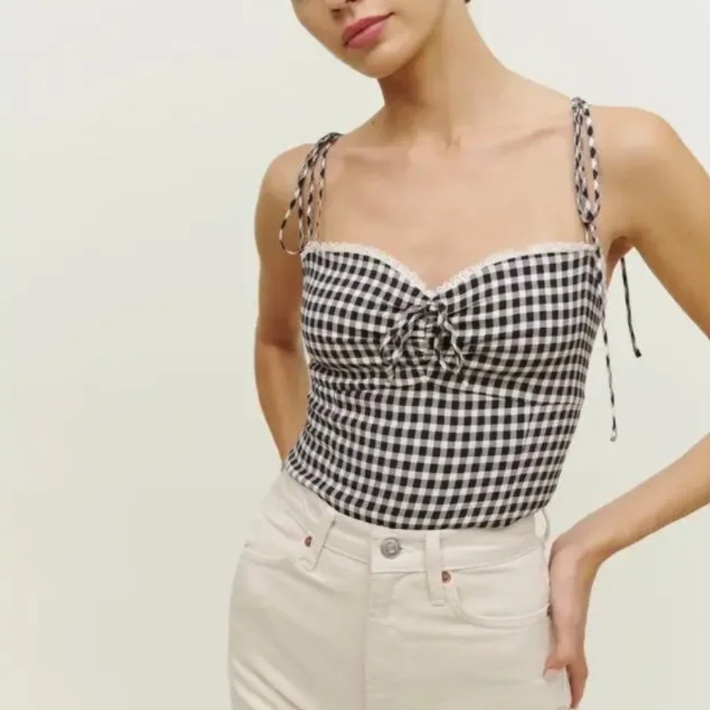 Reformation | Larry Gingham Tie Strap Sweetheart Top in April Check